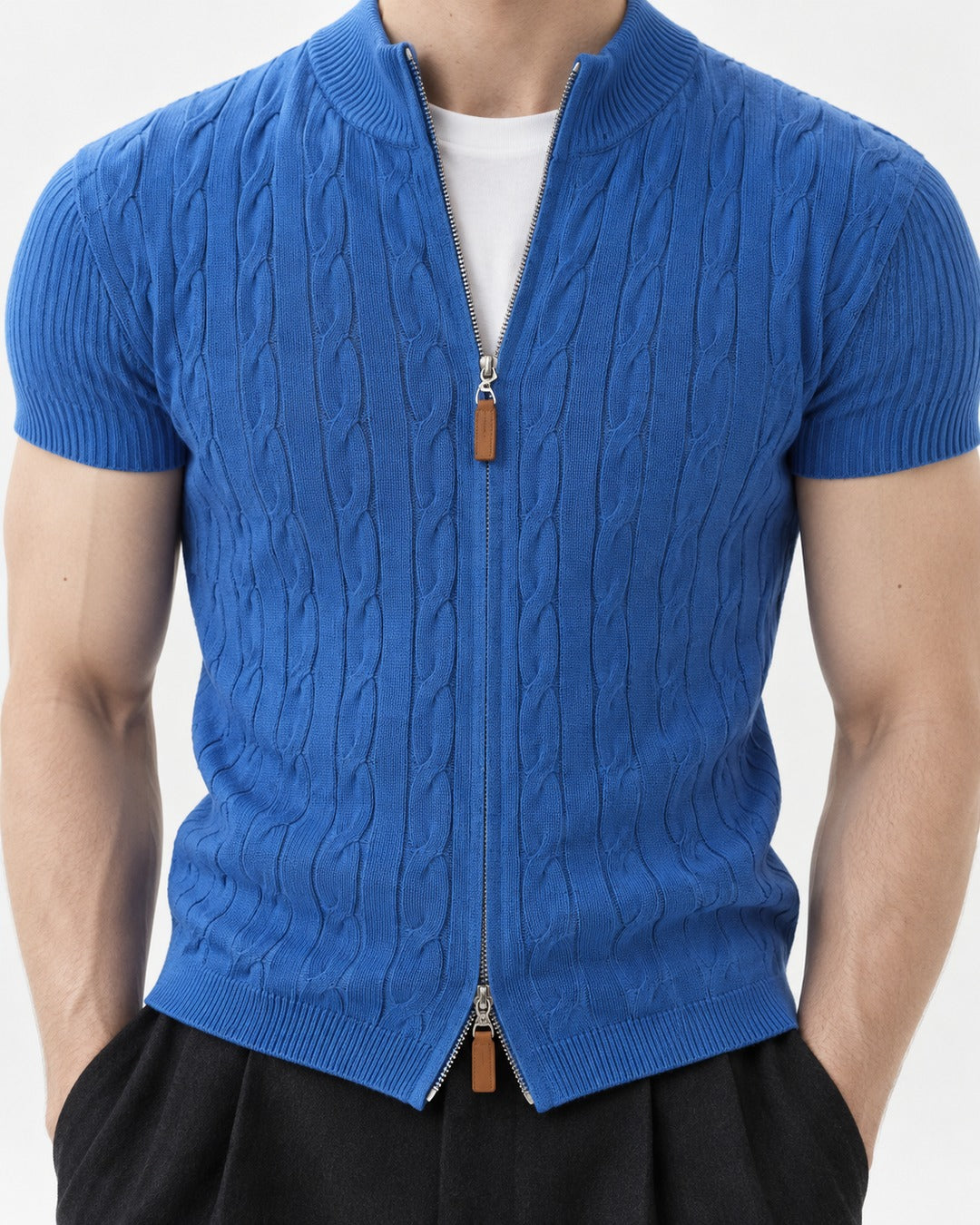 Cable-Knit Short-Sleeve Zip Cardigan