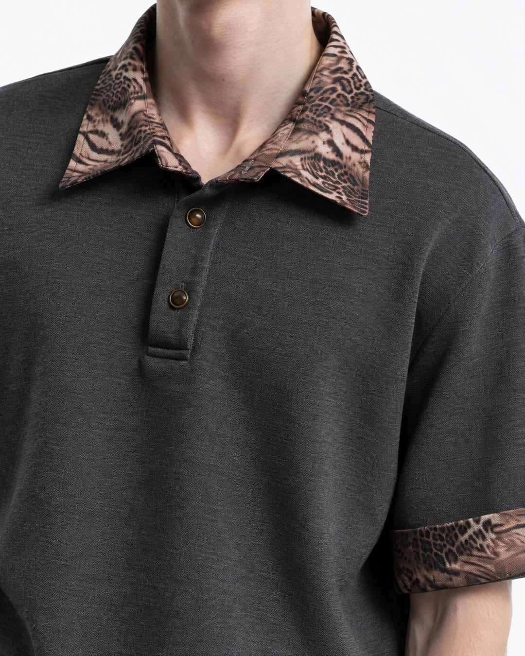 Leopard Print Collar Short Sleeve Polo Top