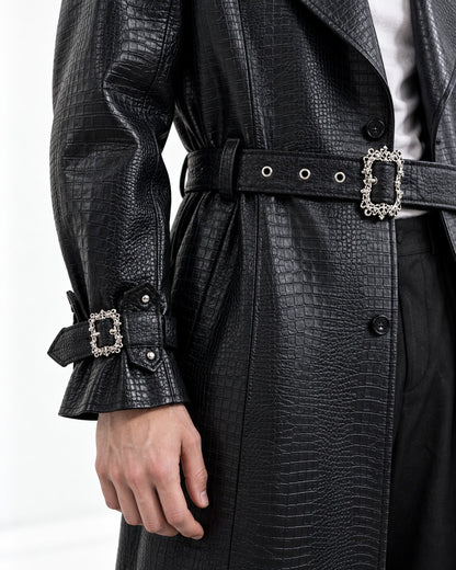 Croc-Embossed Belted Trench Coat