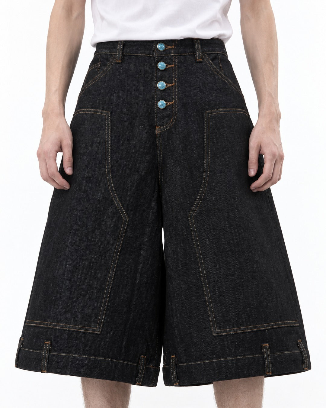 Contrast Stitch Button Fly Denim Shorts