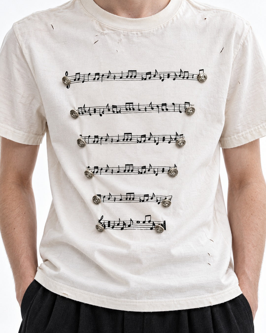 Musical Staff Print Distressed Tee with Metal Buttons
