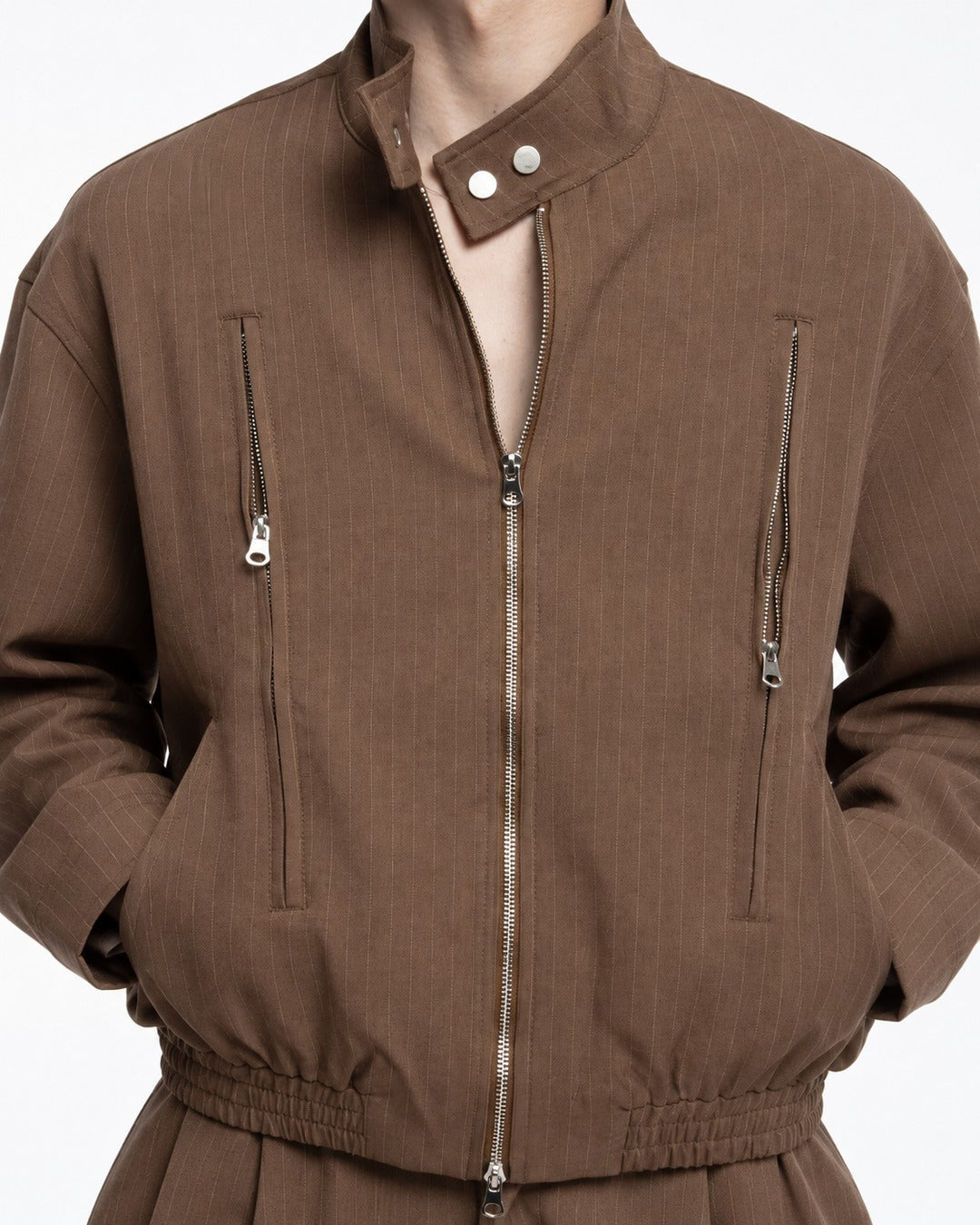 Pinstripe Stand Collar Zip Jacket and Wide Pants Set