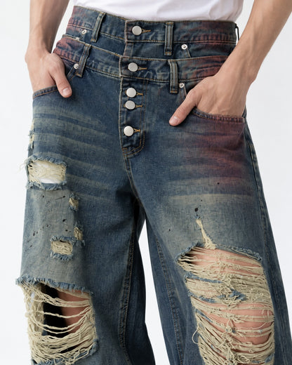 Distressed Double-Waistband Jeans