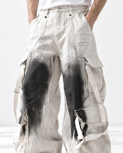 Ink-Splattered Wide-Leg Cargo Pants