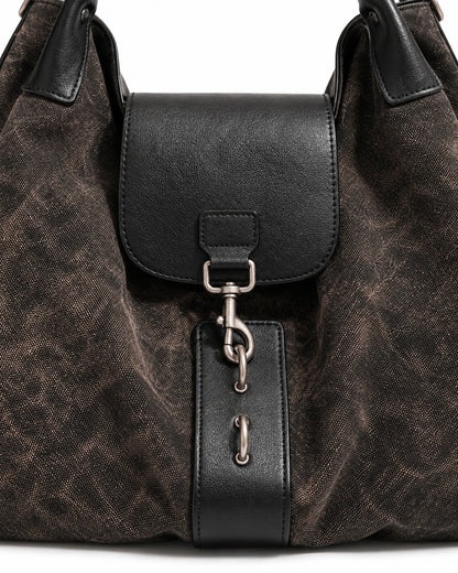 Distressed Canvas Hobo Bag with Black Flap