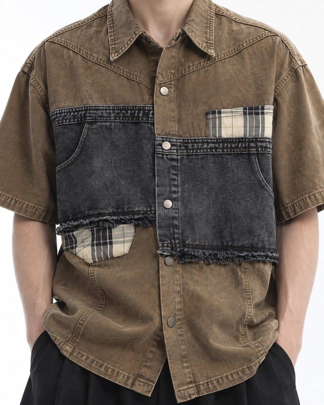 Distressed Denim Patchwork Short-Sleeve Shirt