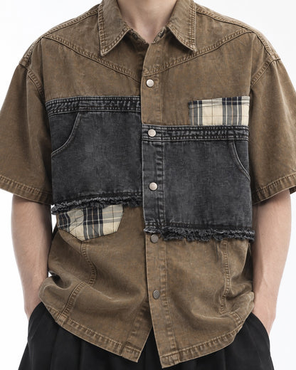 Distressed Denim Patchwork Short-Sleeve Shirt