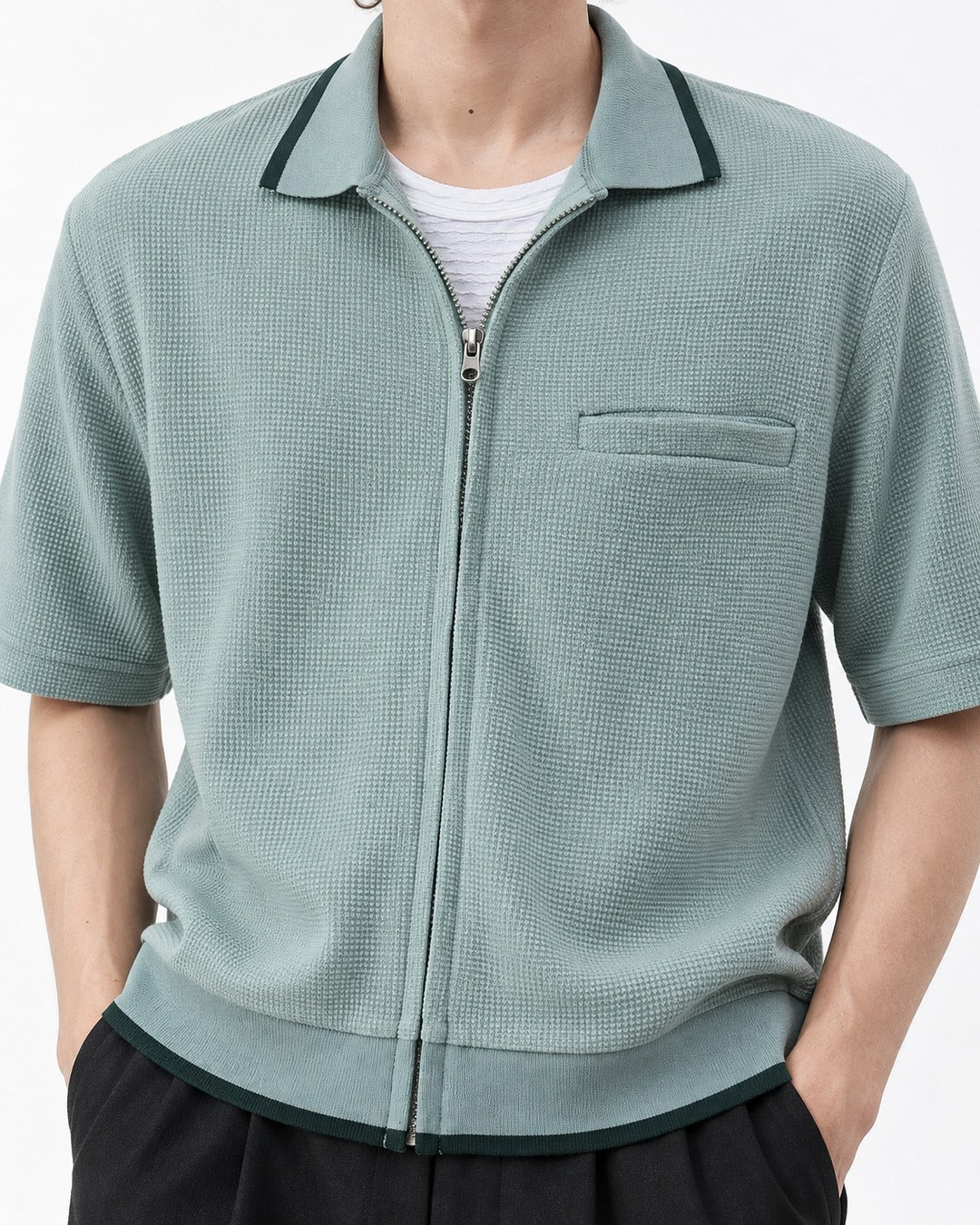 Waffle Knit Zip-Up Short Sleeve Shirt with Contrast Trim