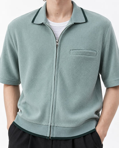 Waffle Knit Zip-Up Short Sleeve Shirt with Contrast Trim