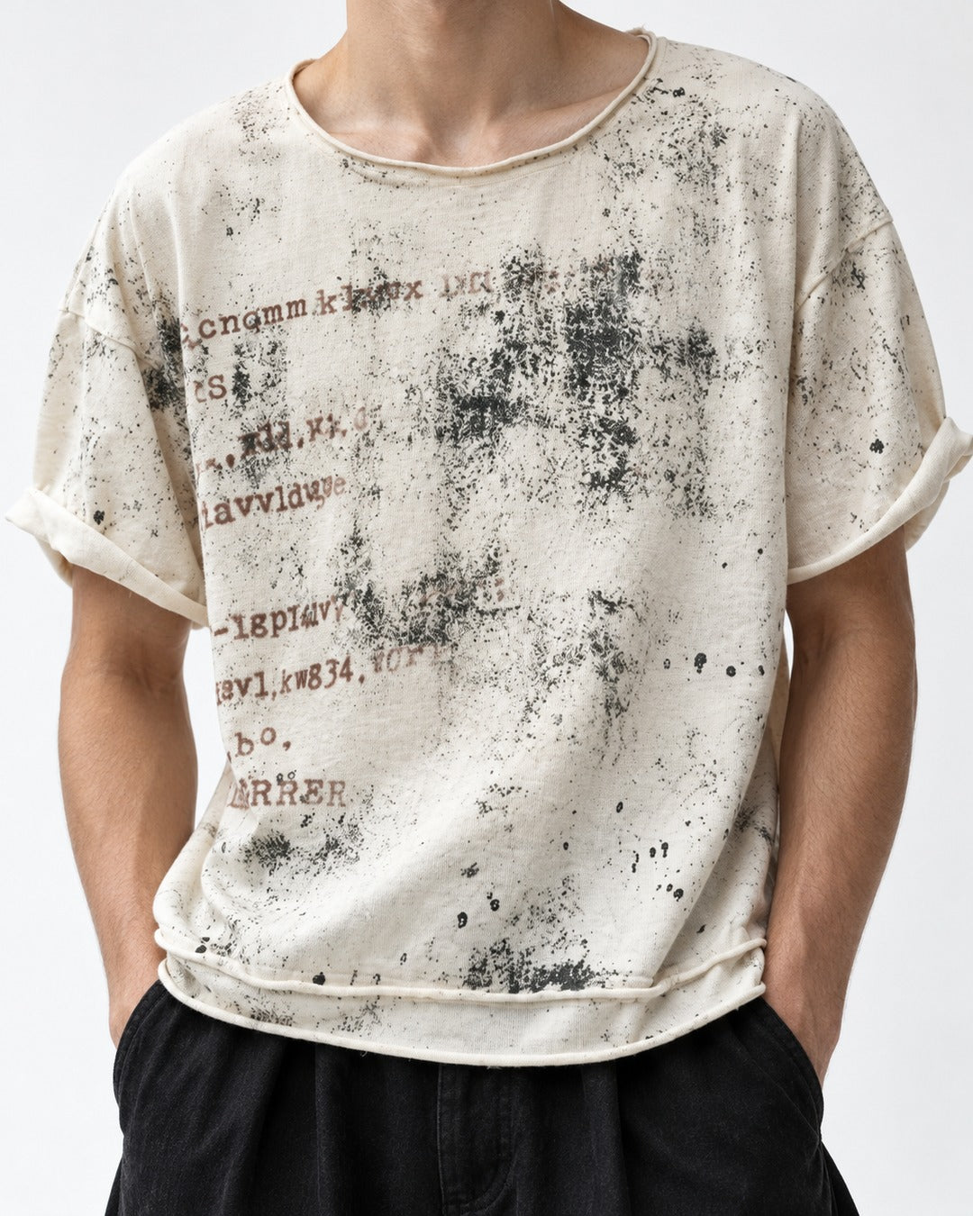Distressed Stencil Print Raw-Cut Top