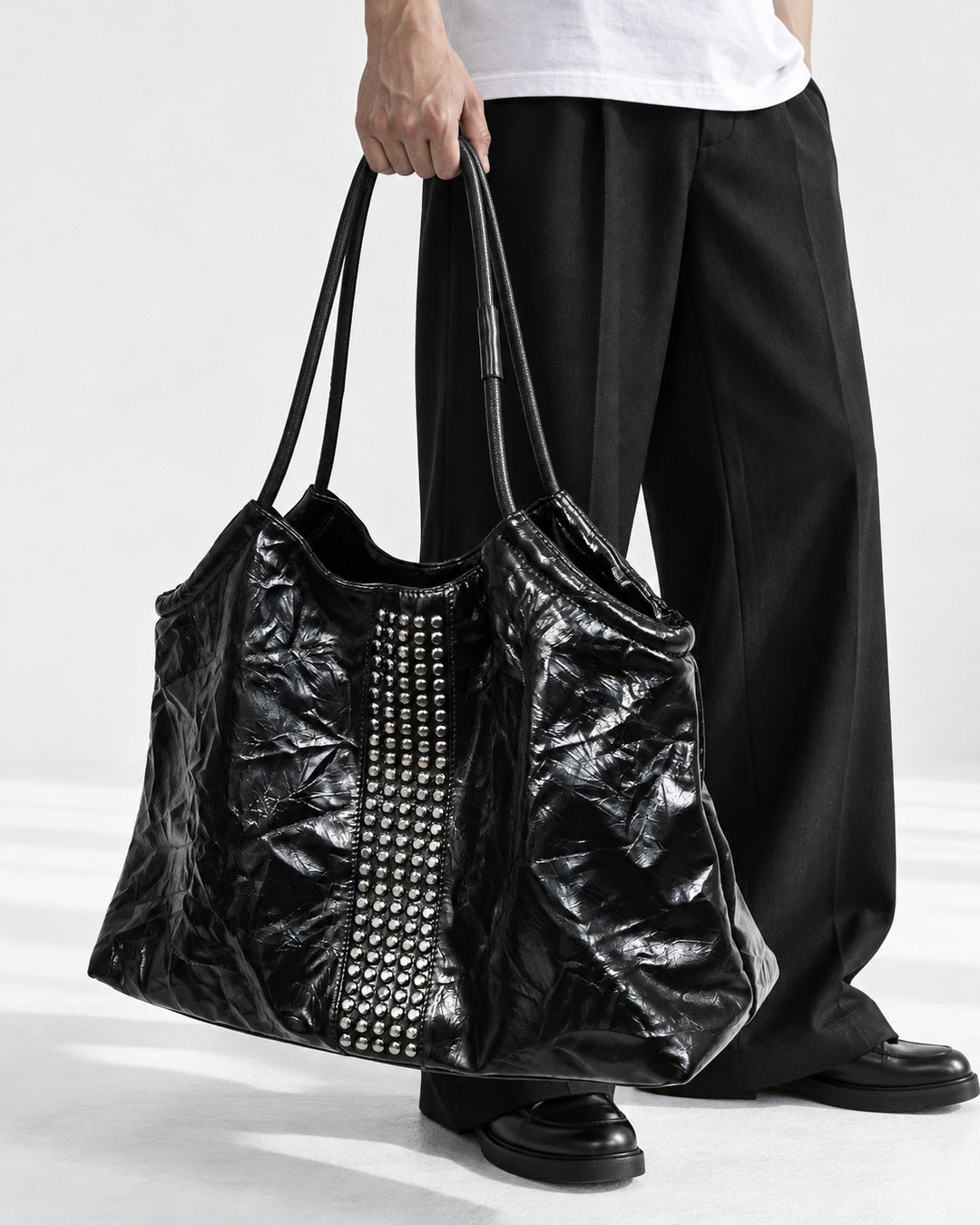 Studded Crinkle Leather Tote Bag