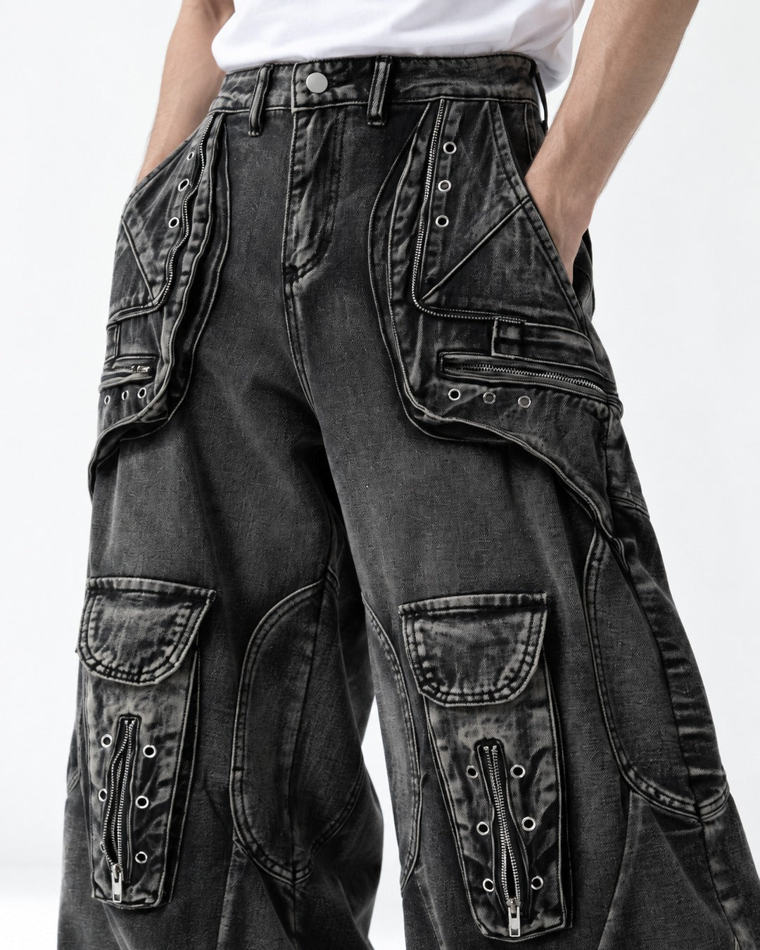 Eyelet Pocket Washed Black Cargo Jeans