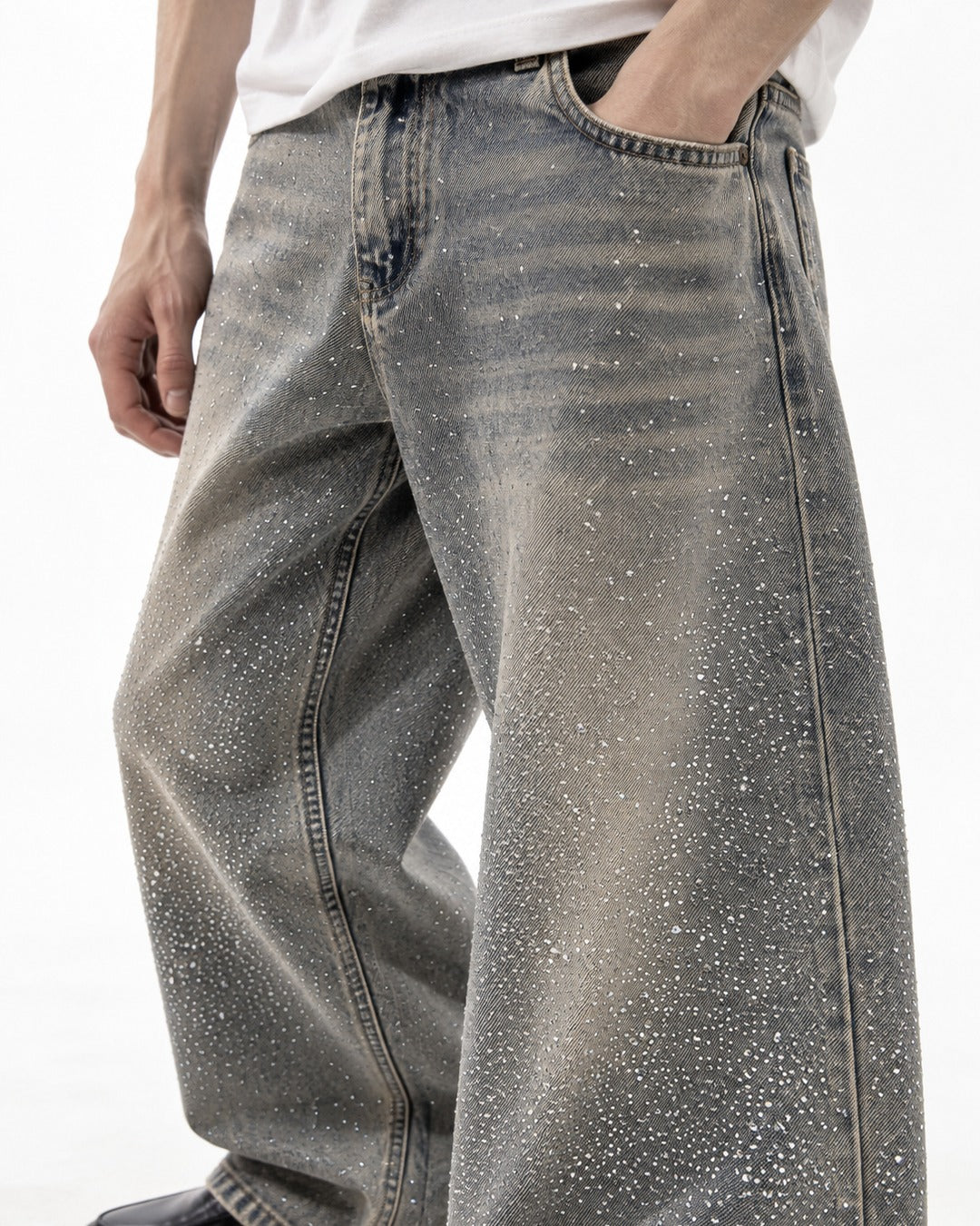 Rhinestone Faded Wide-Leg Jeans