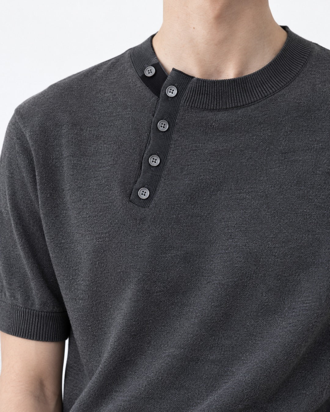 Diagonal-Button Henley Knit Top
