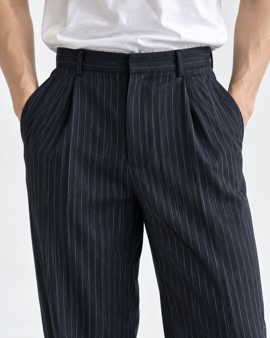 Pinstripe Pleated Straight Trousers