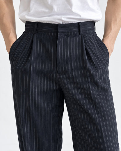 Pinstripe Pleated Straight Trousers