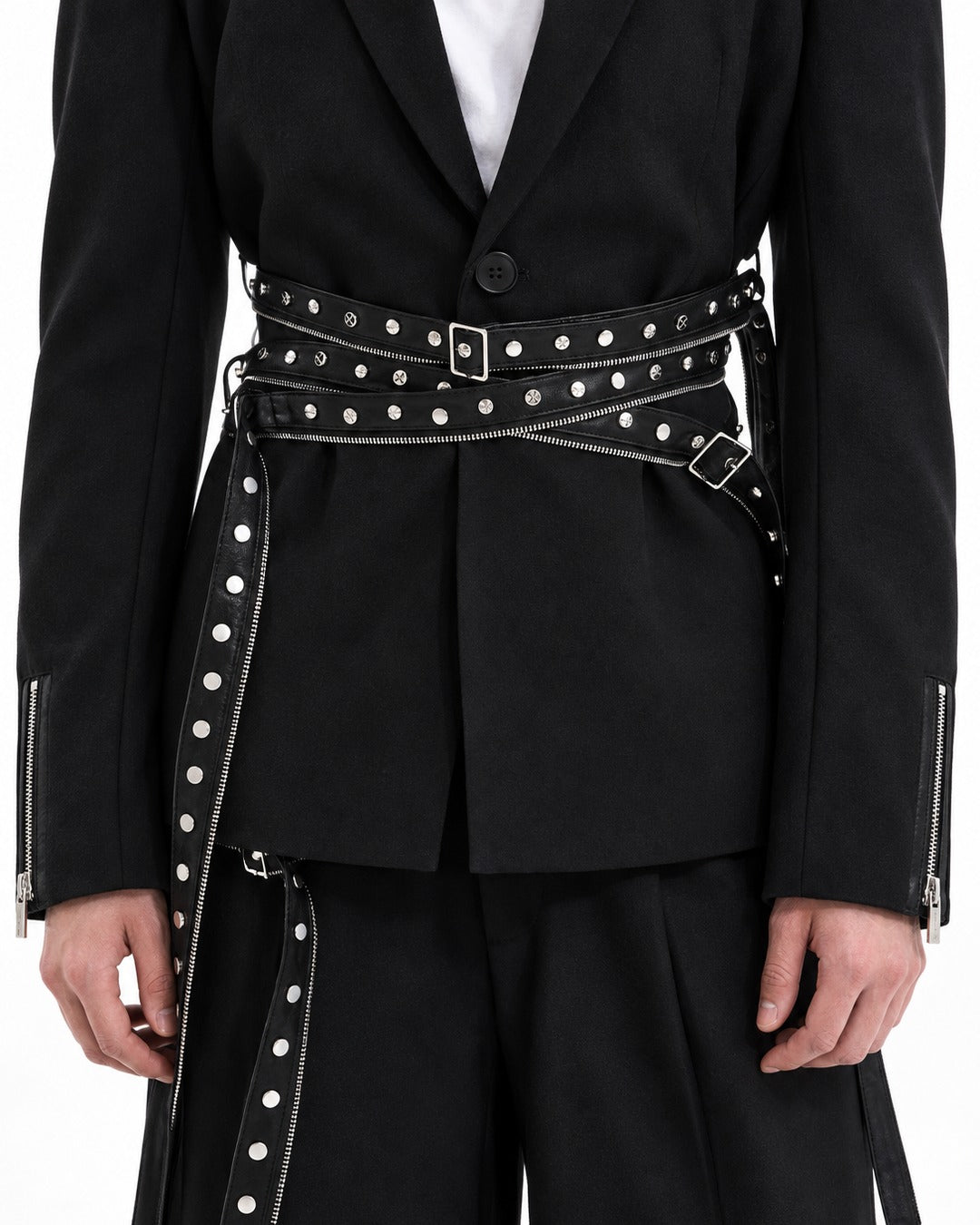 Black Rivet Strap Blazer Jacket and Pants Set-Up