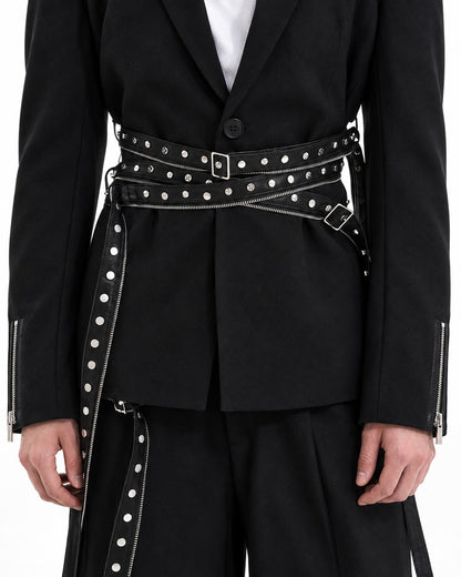 Black Rivet Strap Blazer Jacket and Pants Set-Up