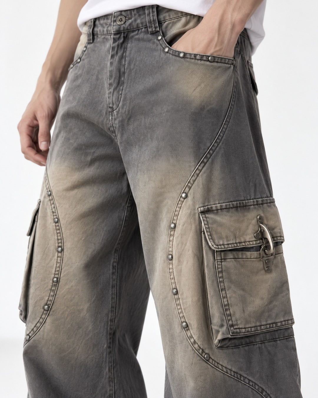 Studded Seam Faded Cargo Jeans