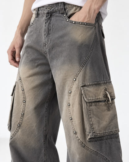 Studded Seam Faded Cargo Jeans