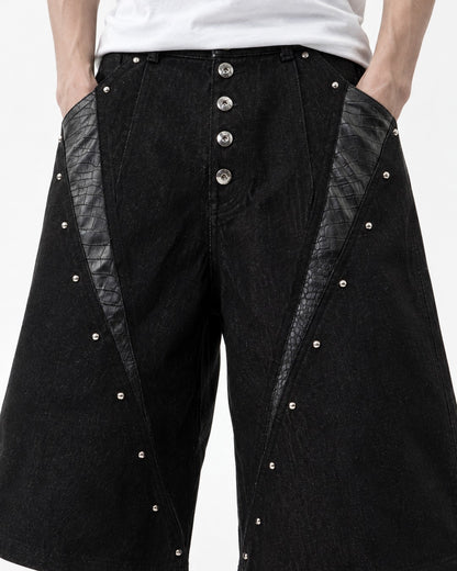 Studded Snap-Front Panel Denim Shorts