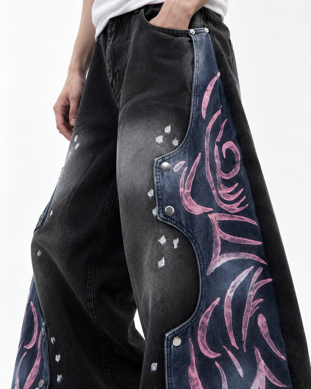 Pink Tribal Pattern Blue-Panel Black Wide-Leg Jeans