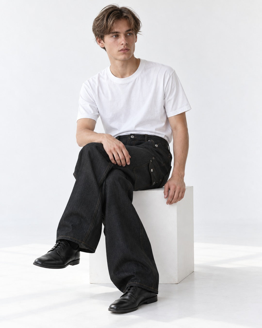 Contrast-Stitch Flap-Pocket Straight-Leg Jeans