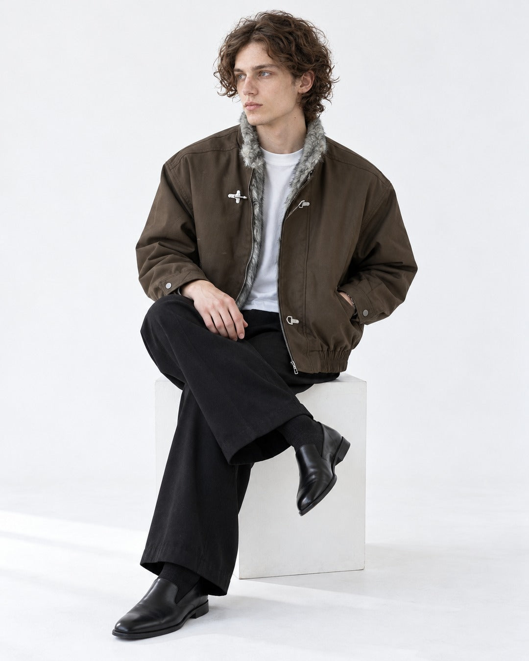 Hook Clasp Fur Collar Bomber Jacket