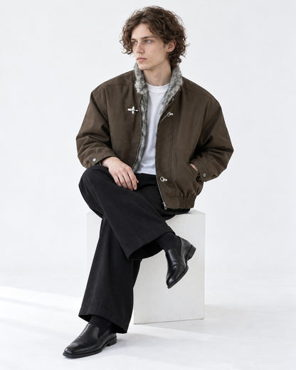 Hook Clasp Fur Collar Bomber Jacket
