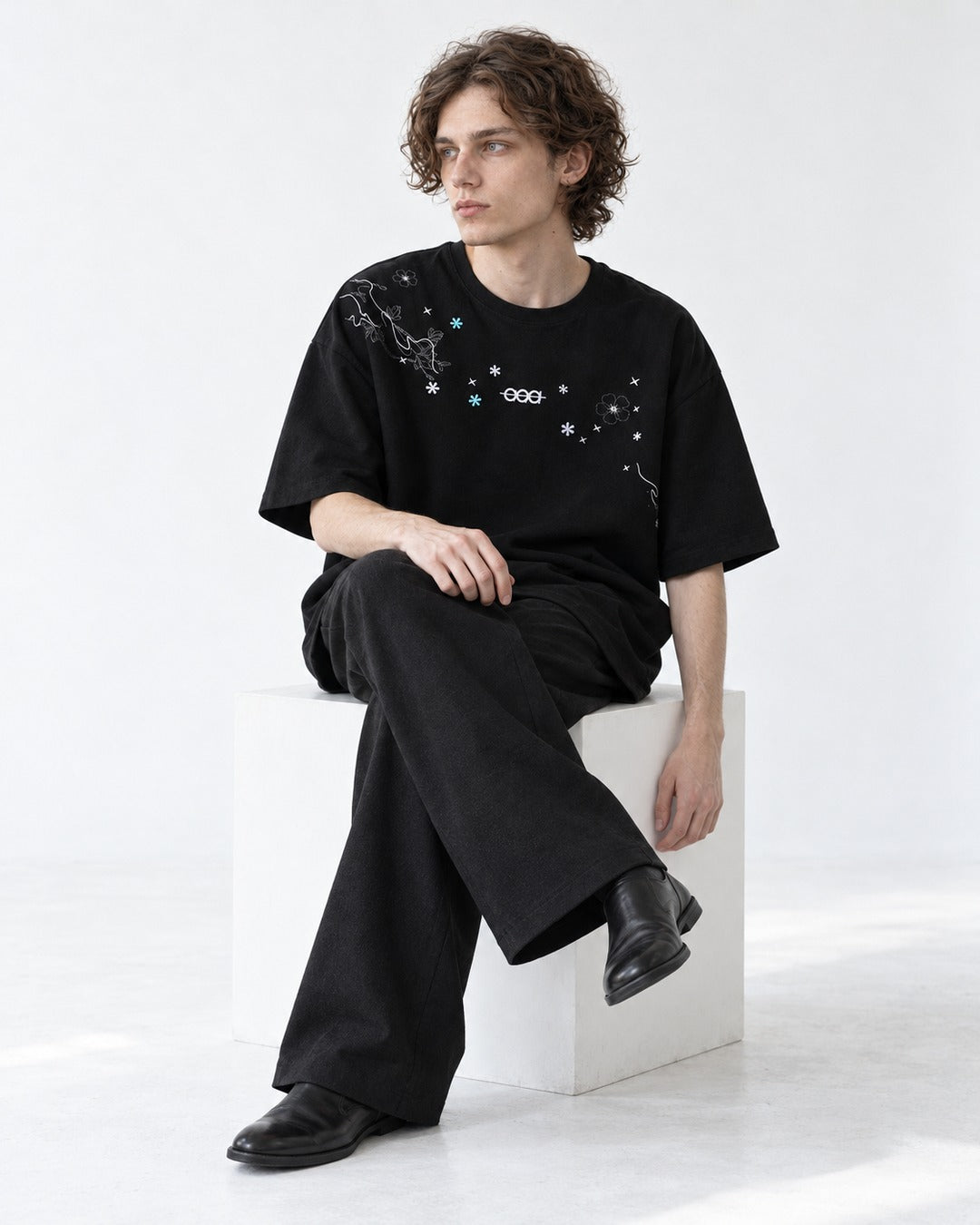 Floral-Embroidered Oversized Tee