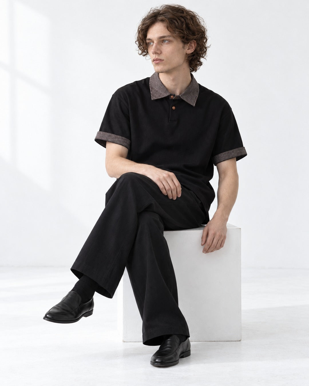 Woven Collar Patchwork Polo Shirt