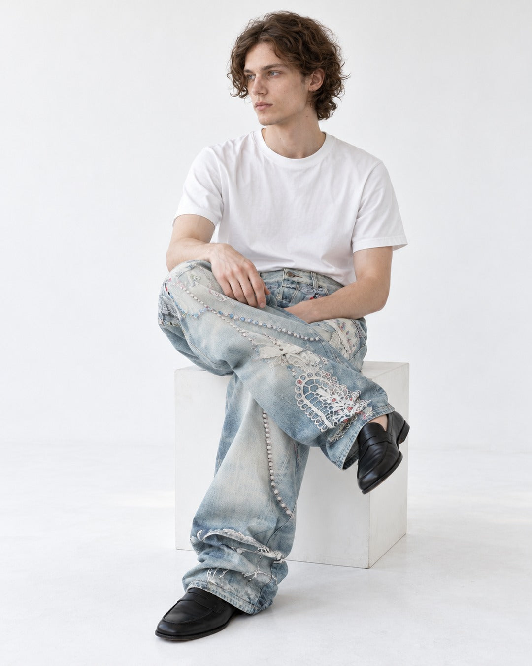 Pearl Chain Lace Print Baggy Jeans