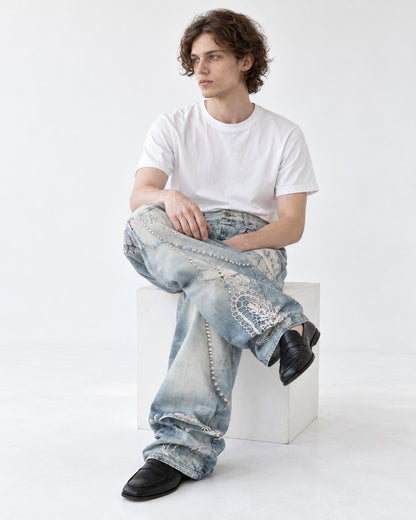 Pearl Chain Lace Print Baggy Jeans