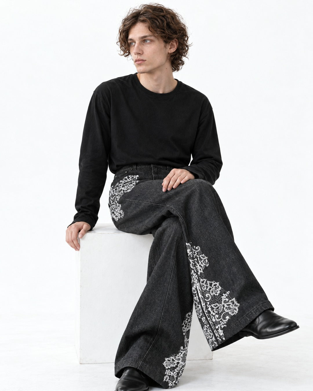 Lace-Print Black Wide-Leg Denim