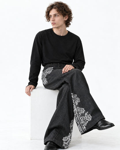 Lace-Print Black Wide-Leg Denim