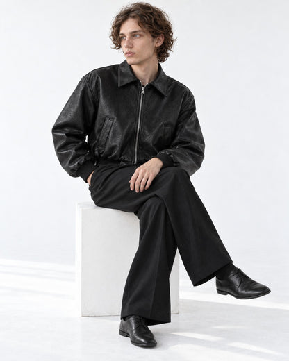 Boxy Shoulder-Pad Leather Bomber