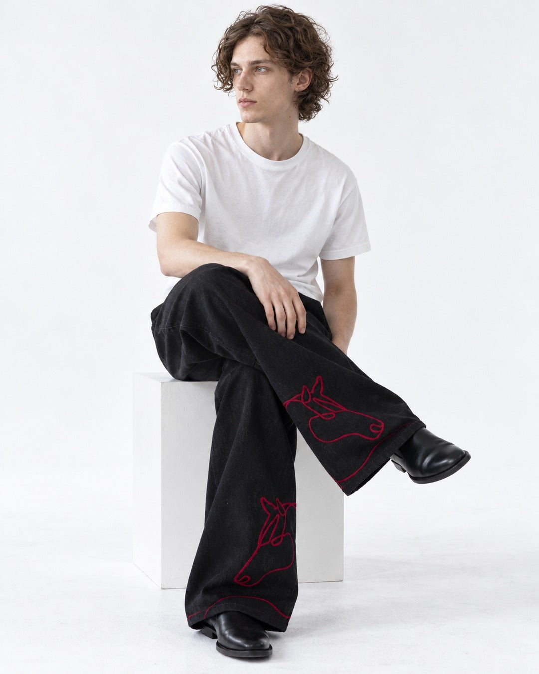 Red Horse Embroidered Wide-Leg Jeans