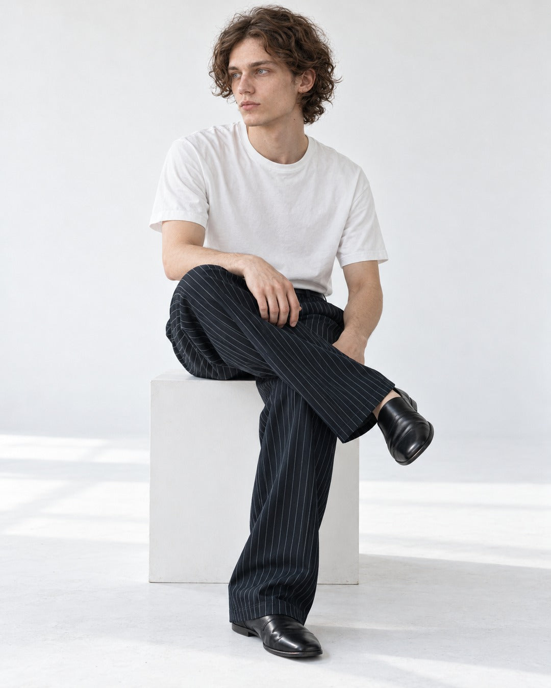 Pinstripe Pleated Straight Trousers