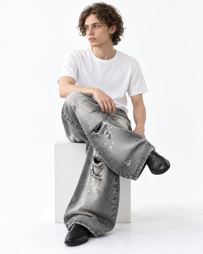 Gray Acid-Wash Ripped Wide-Leg Jeans
