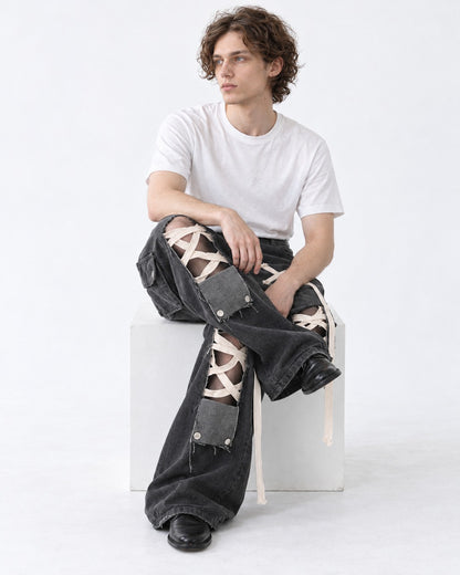 Crisscross Lace Cutout Cargo Jeans
