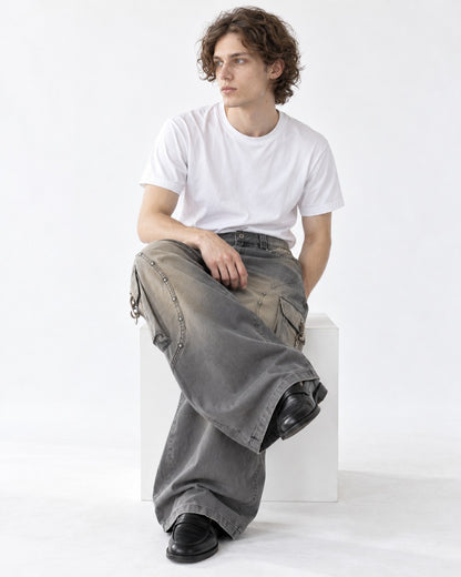 Studded Seam Faded Cargo Jeans