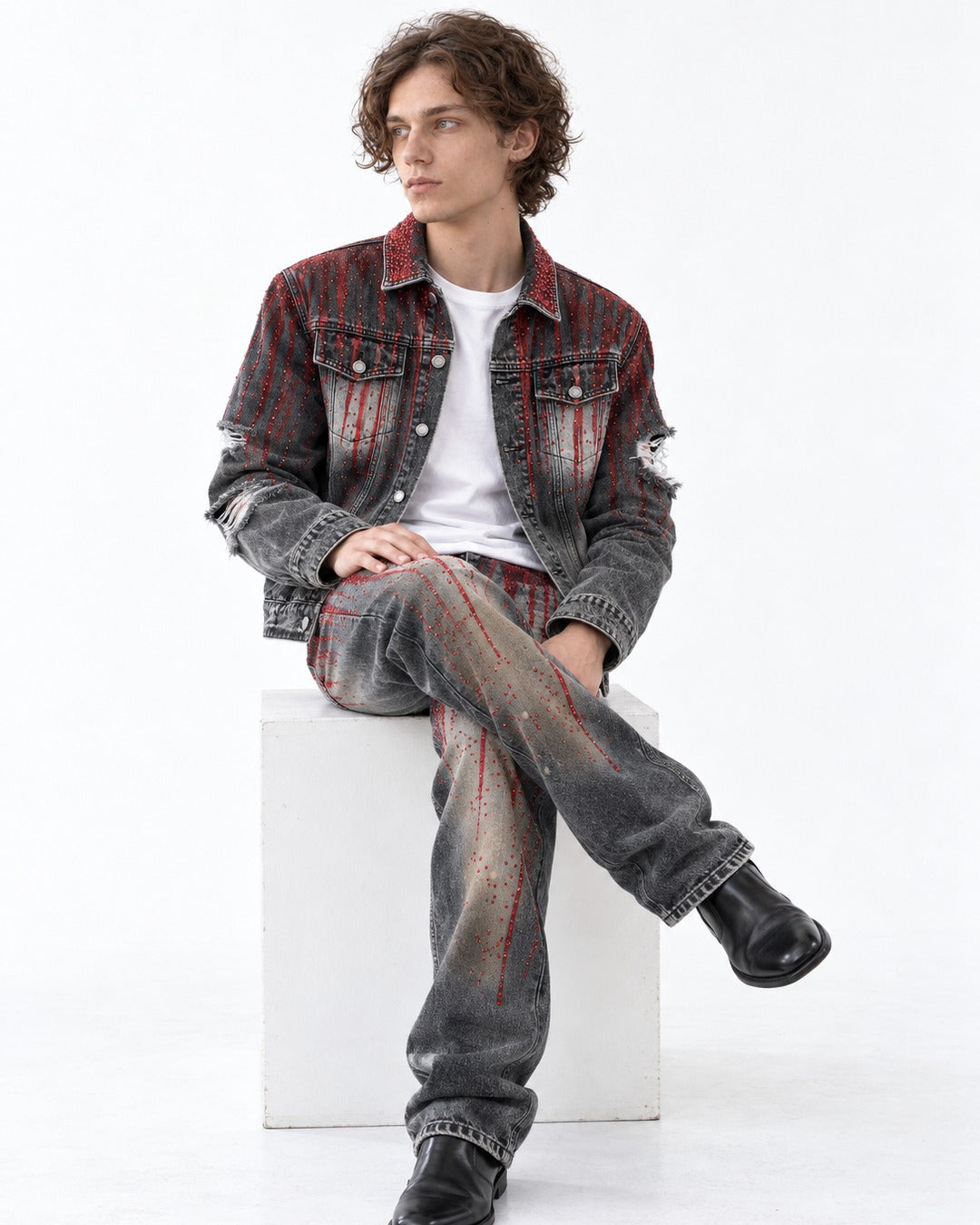 Hand-Painted Blood Rhinestone Denim Jacket and Pants Set-Up