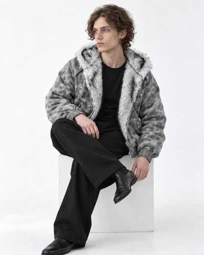 Mottled Grey Faux-Fur Lined Hooded Jacket