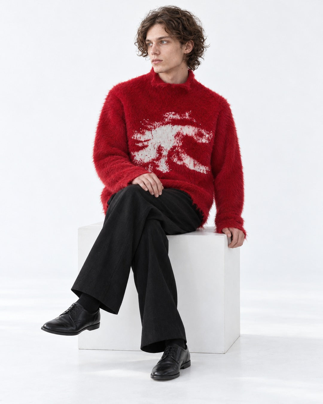 Brushed Horse-Intarsia Mock-Neck Sweater