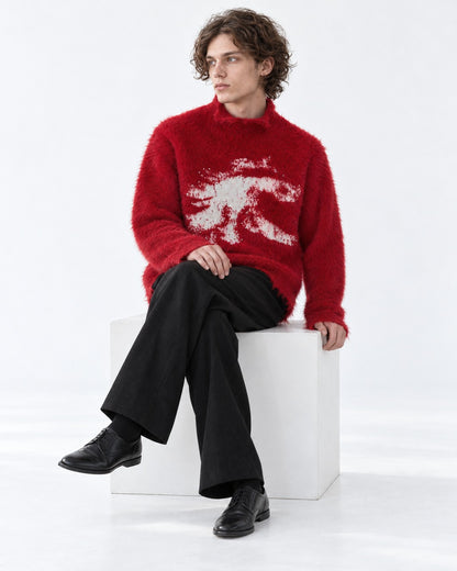 Brushed Horse-Intarsia Mock-Neck Sweater