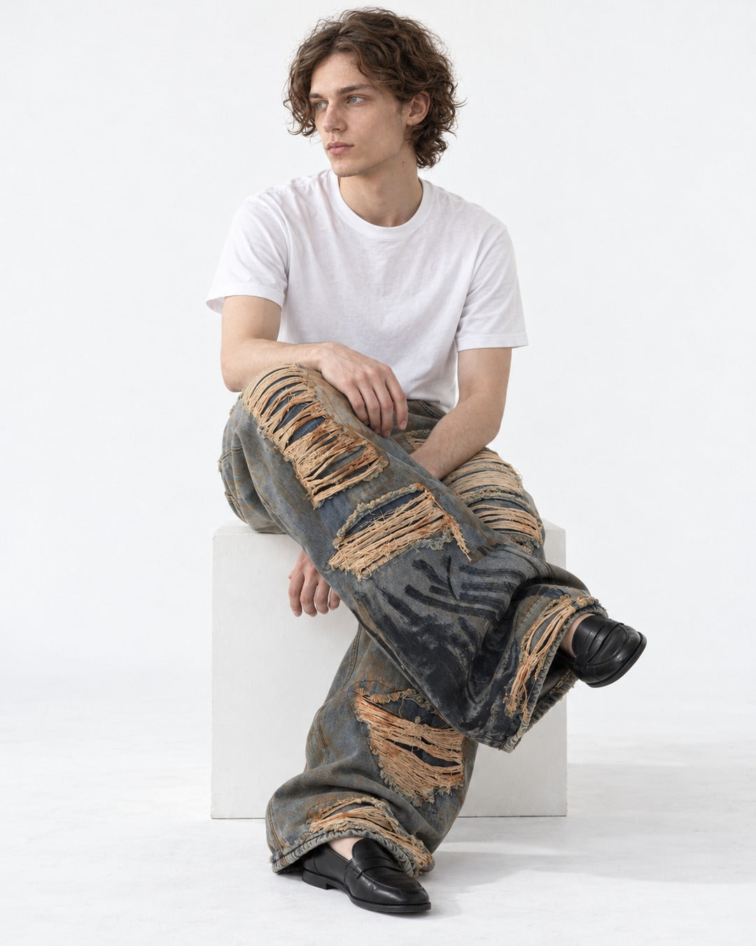 Heavily Distressed Wide-Leg Denim Pants
