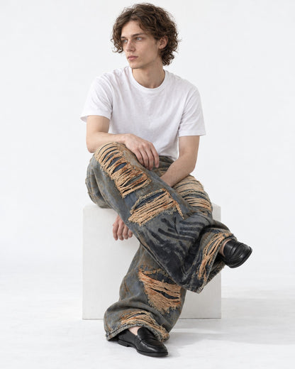 Heavily Distressed Wide-Leg Denim Pants
