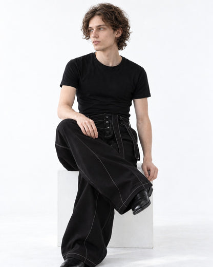 Contrast Stitch Wide-Leg Pants with Tie Belt
