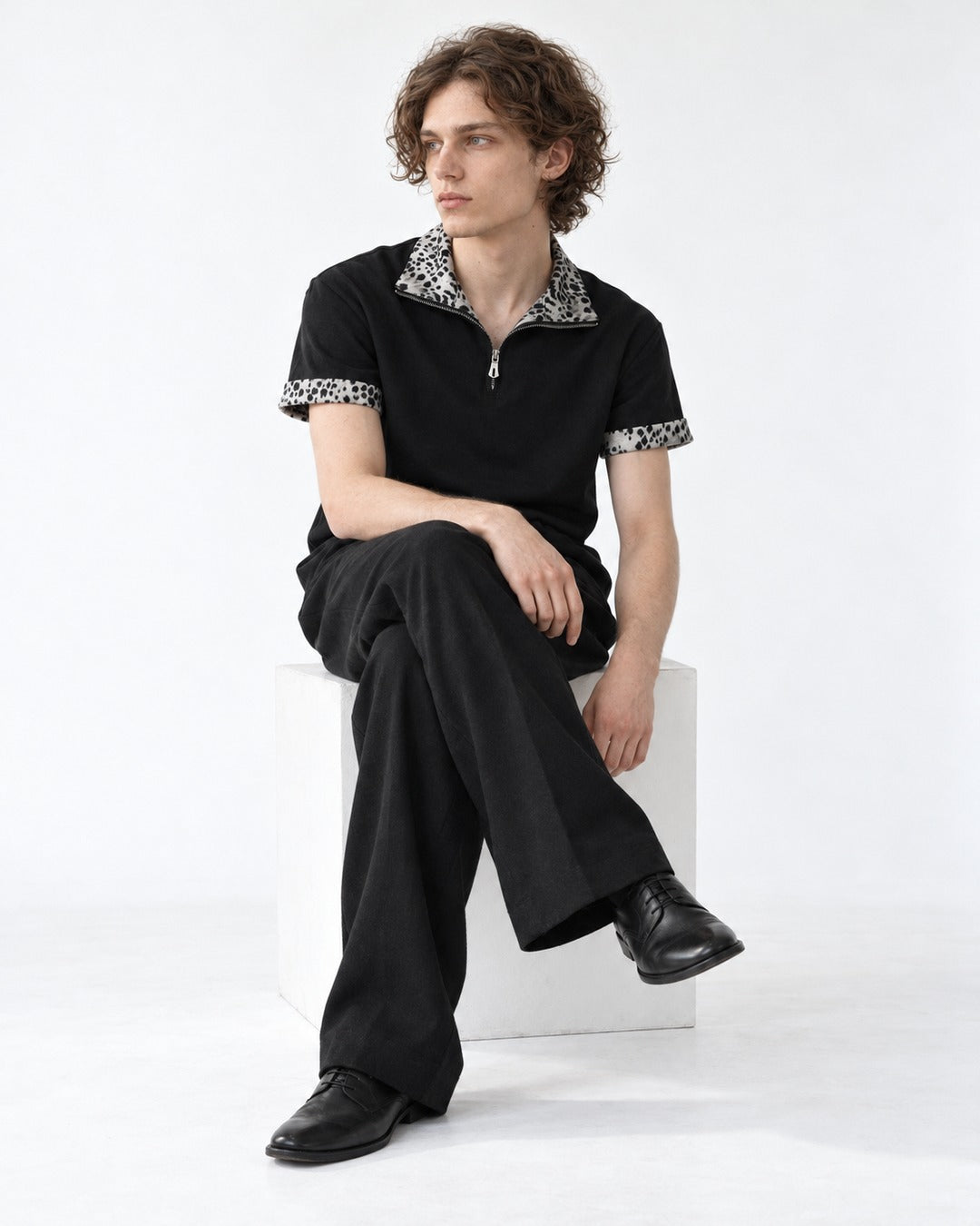 Spotted-Trim Half-Zip Polo
