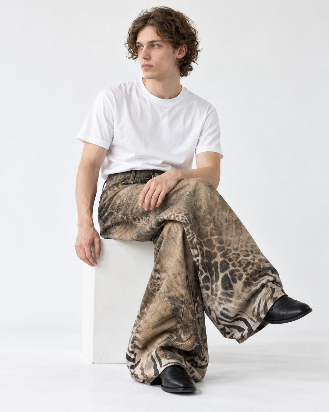 Animal Print Wide Denim Pants